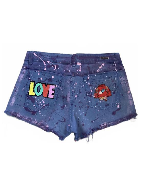 Pants - Upcycled Denim Jean Micro Mini Shorts Handpainted One of a Kind with Patches